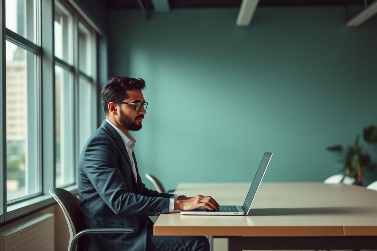 Indian business owner working on a laptop in a bright office