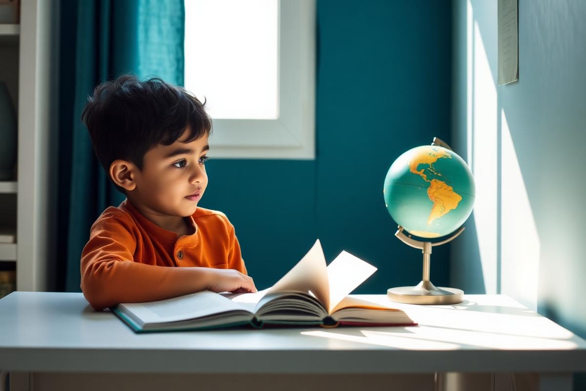 Indian child studying with books and a globe near a window