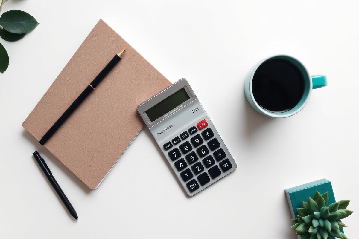 Calculator, notebook and coffee on a bright white desk