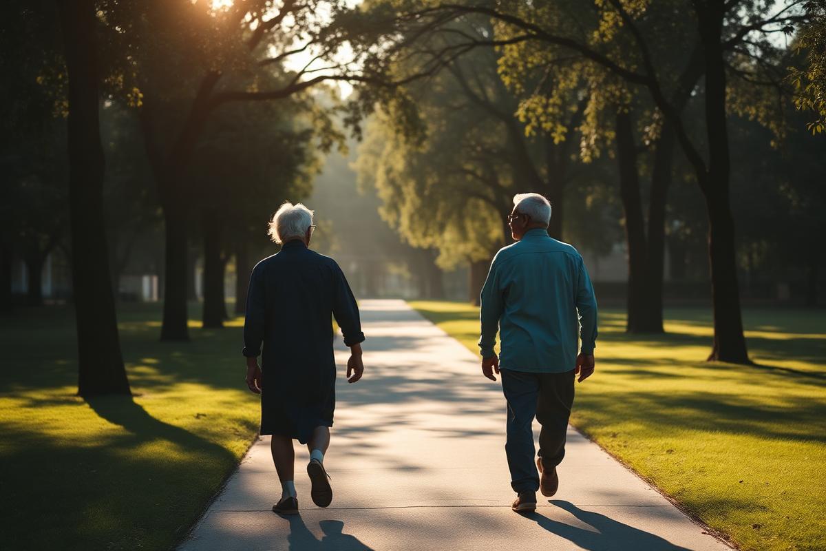 Older Indian couple walking peacefully in a sunlit park
