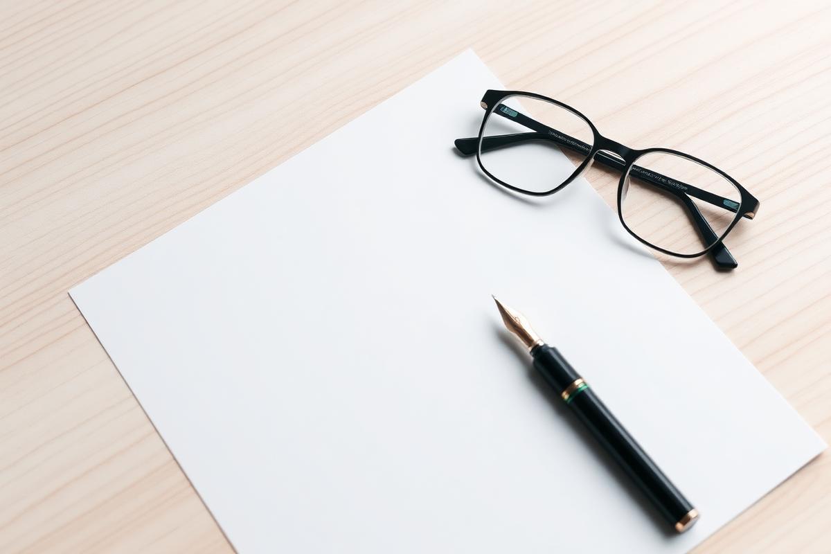 Notepad, glasses and fountain pen on a light wooden desk